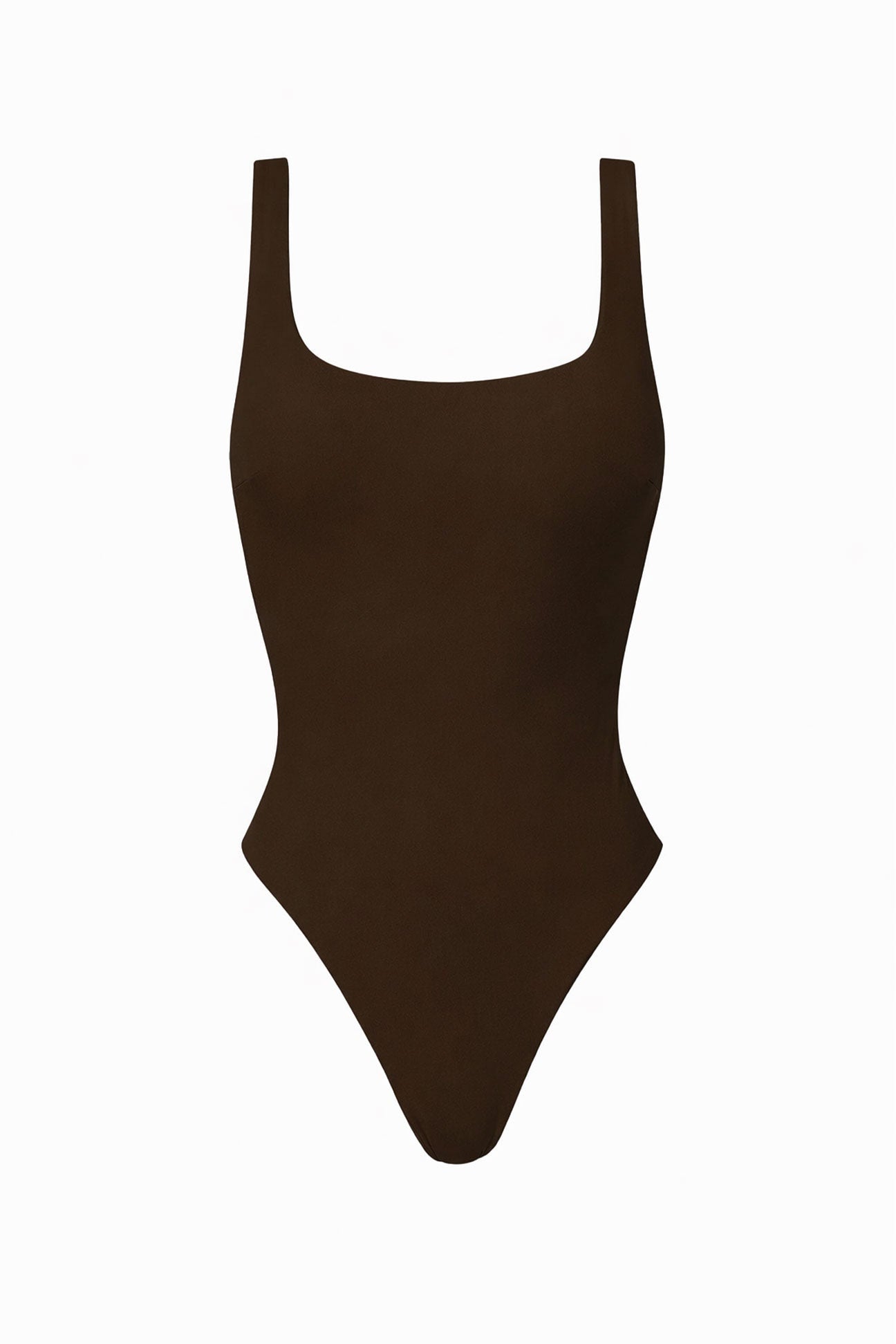 Brown one-piece swimsuit on a white background