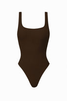 Brown one-piece swimsuit on a white background