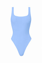 Light blue one-piece swimsuit on a white background