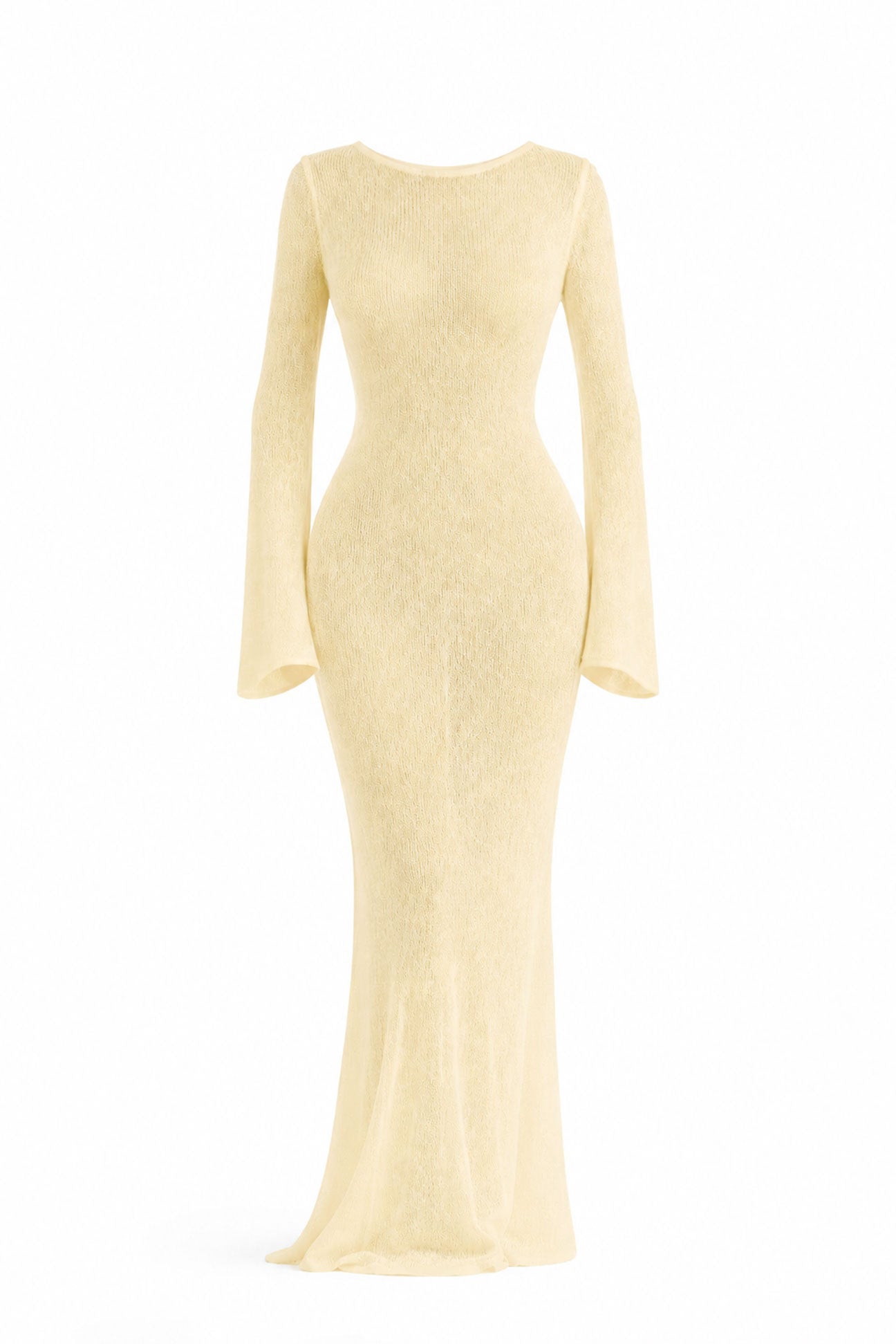 Beige evening gown with long sleeves on a white background