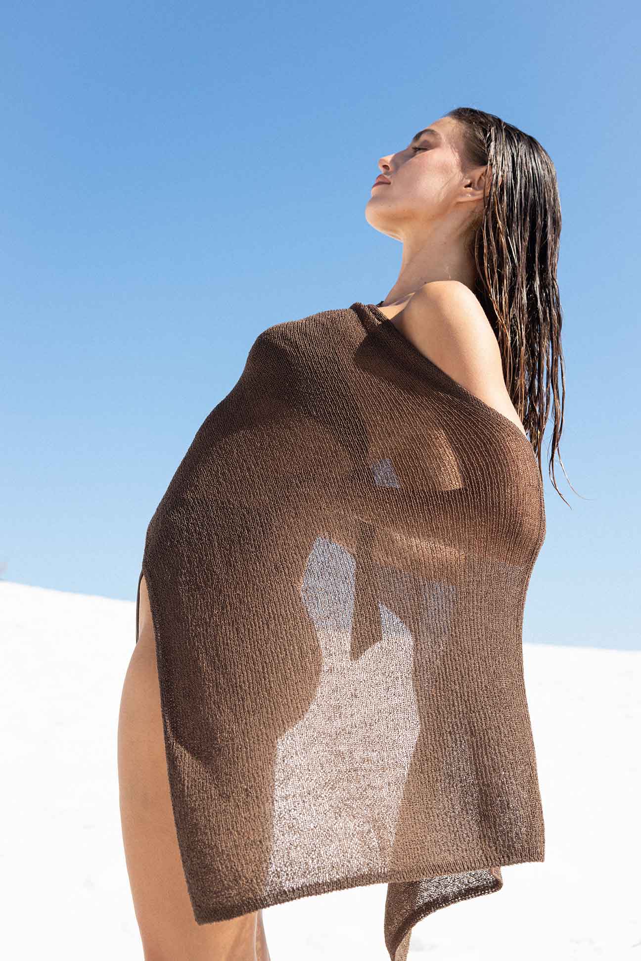 Woman standing outdoors with a brown sheer fabric draped over her, against a clear blue sky.