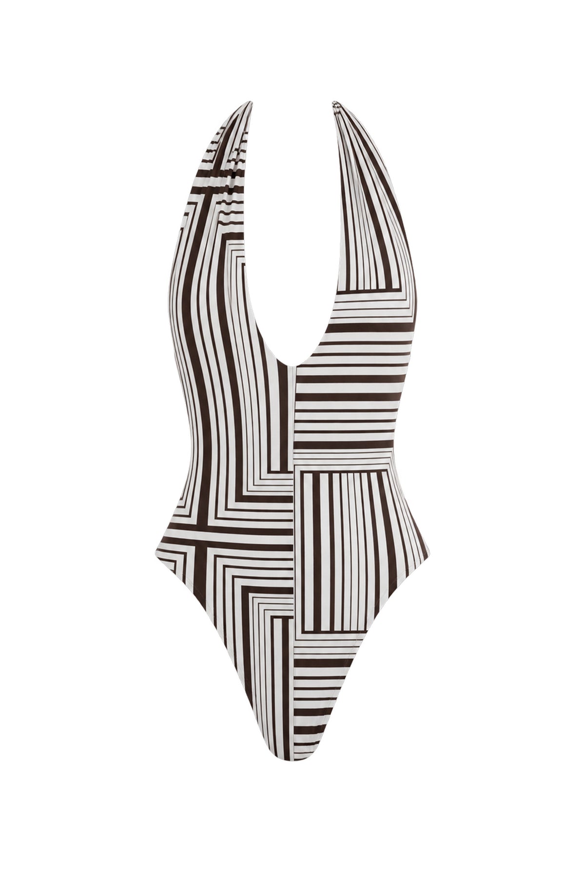 A one-piece swimsuit with a bold geometric pattern of black and white stripes, displayed on a clean white background.