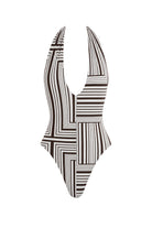 A one-piece swimsuit with a bold geometric pattern of black and white stripes, displayed on a clean white background.