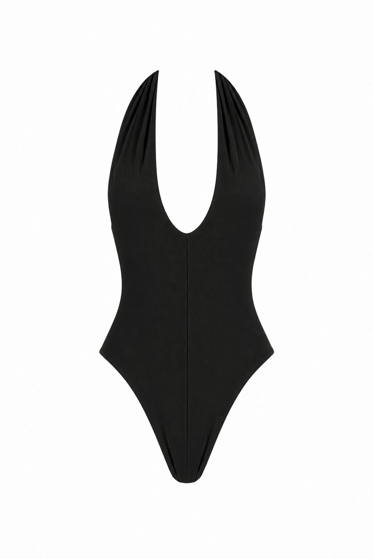 Black swimsuit with a deep neckline on a white background