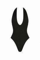 Black swimsuit with a deep neckline on a white background