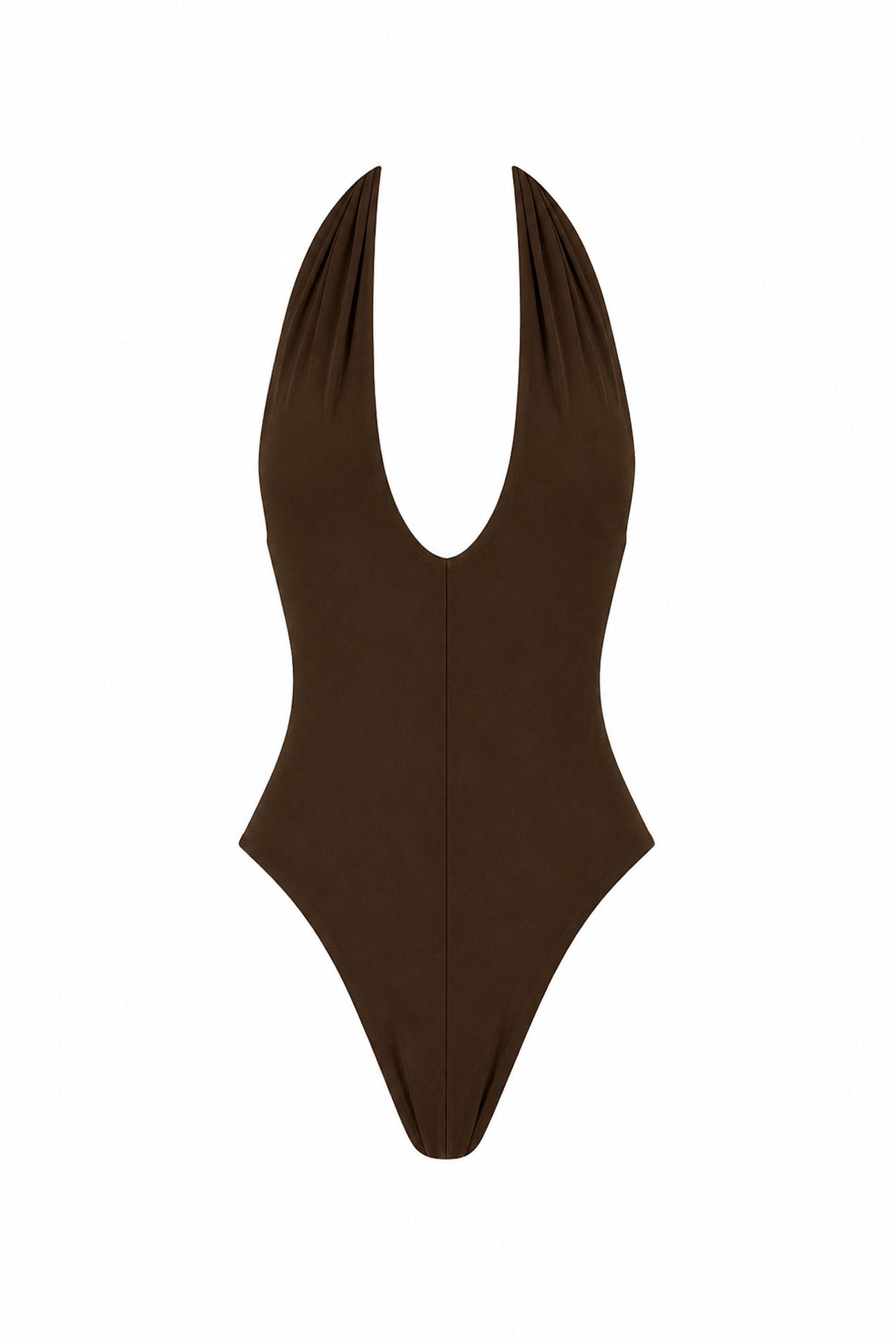 Brown swimsuit with a deep neckline on a white background