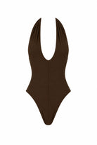 Brown swimsuit with a deep neckline on a white background