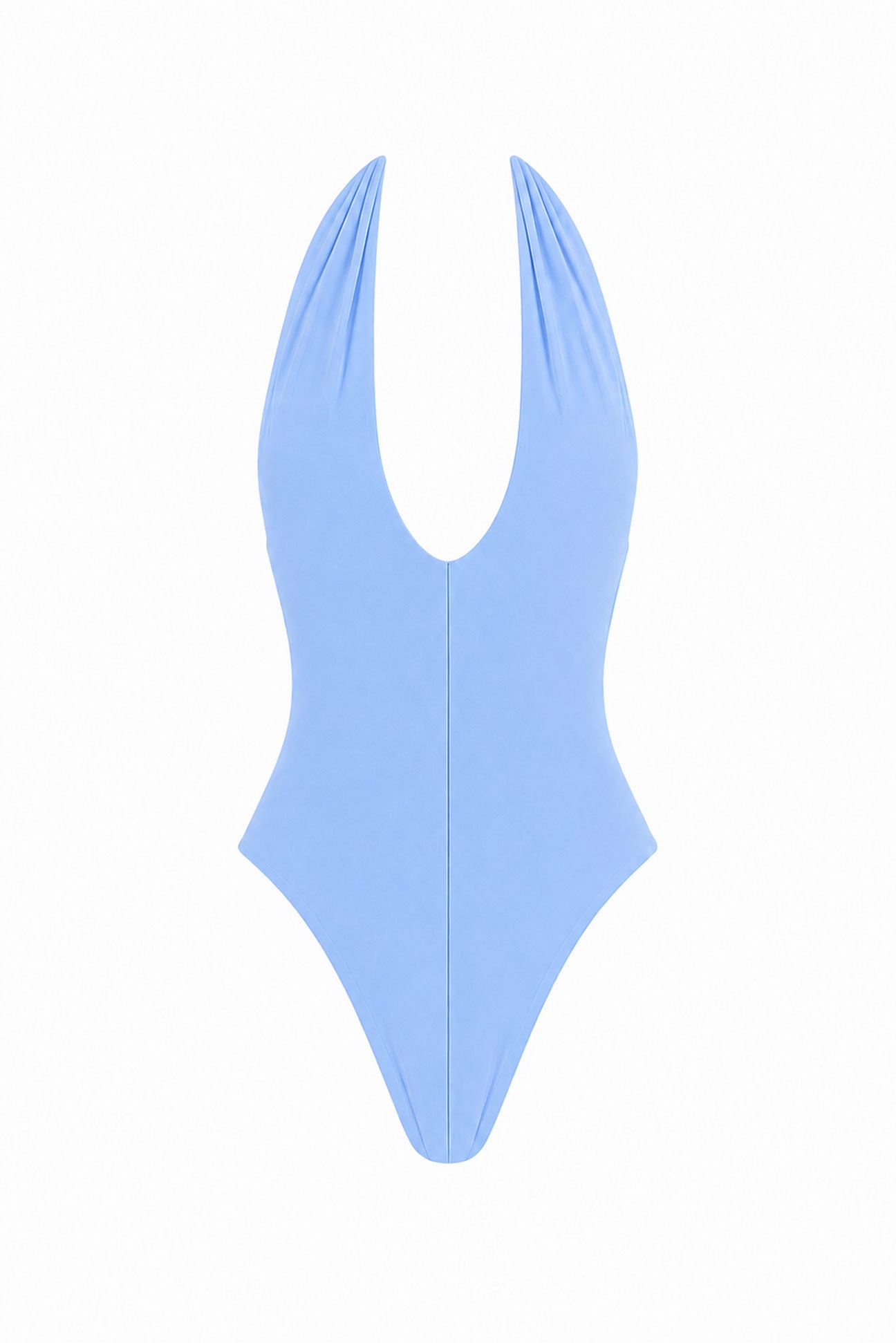 Light blue swimsuit with a deep V-neck on a white background