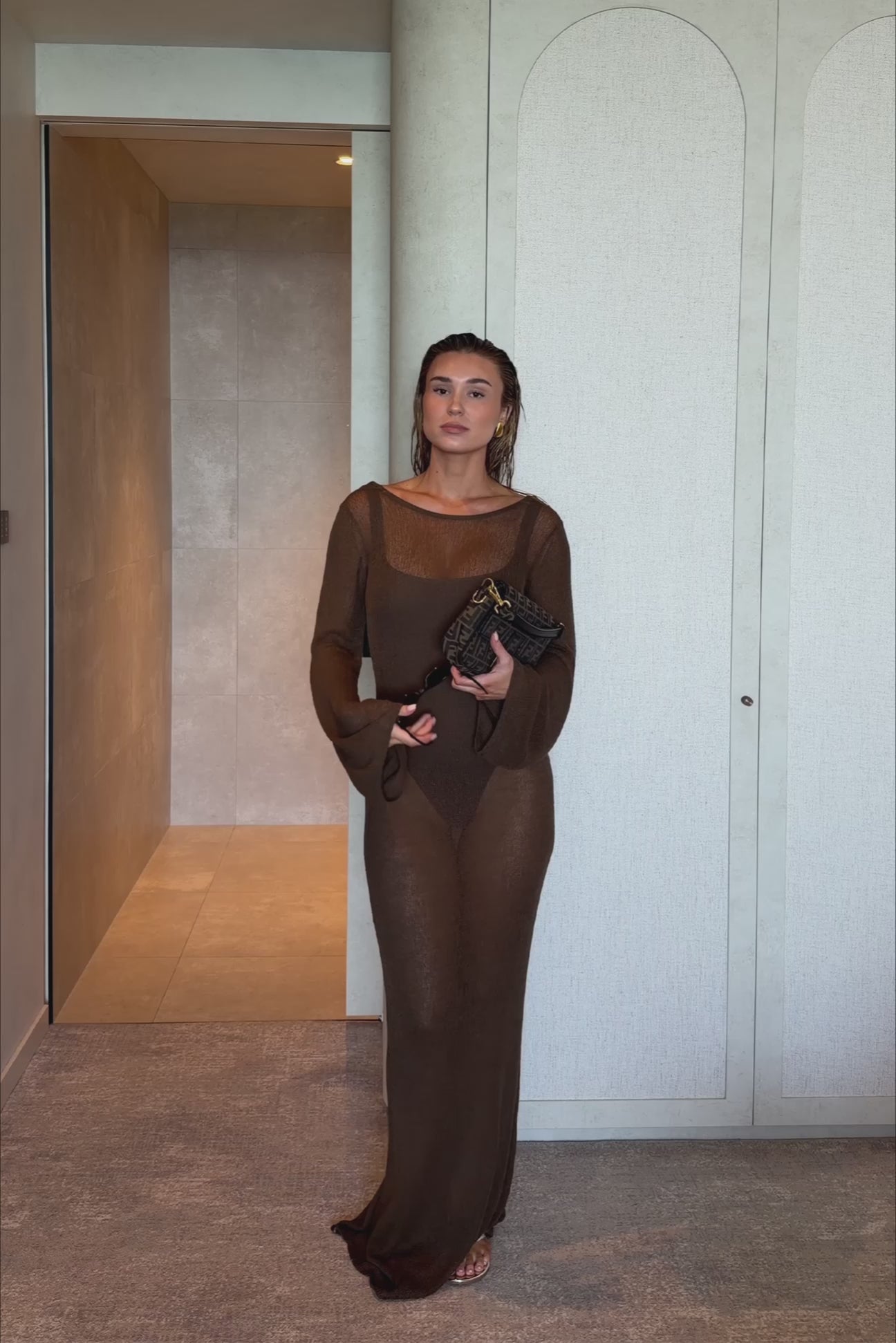 brown sheer dress bustier volume dress Rhe sleeve bodice with a boat neckline and a band of lining at the front that gives a bandeau Palma Dress Brown | Sylk
