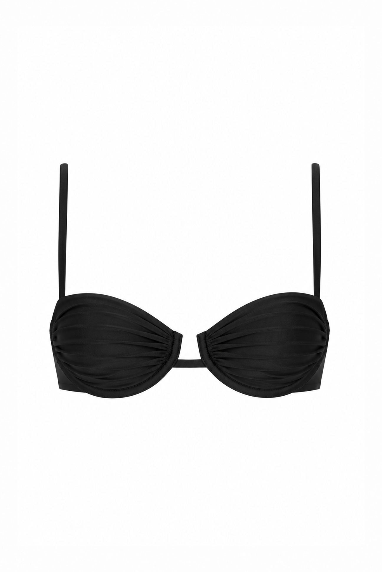 Black bikini top with thin straps on a white background