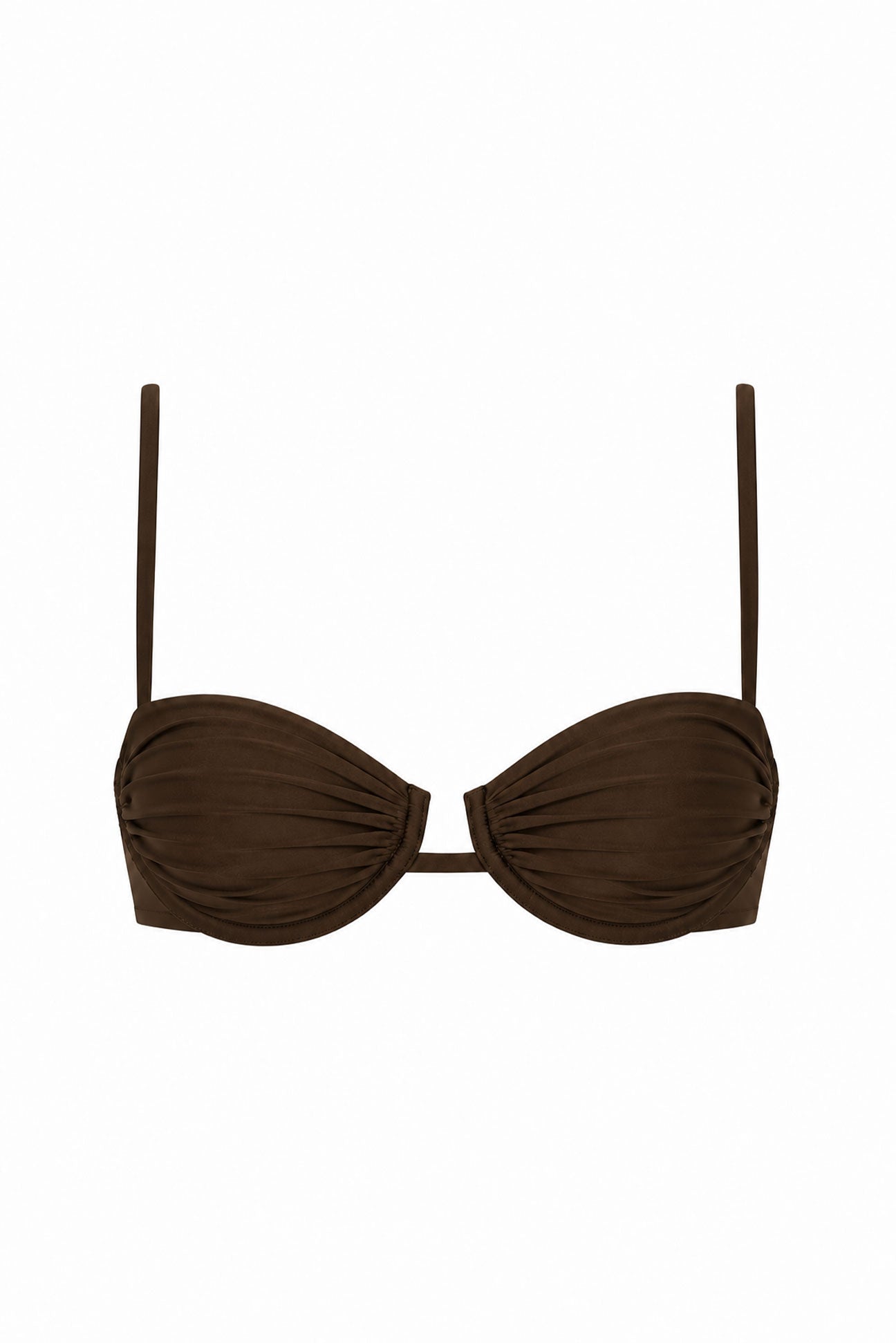 Brown bikini top with thin straps on a white background