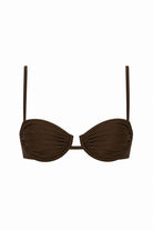 Brown bikini top with thin straps on a white background