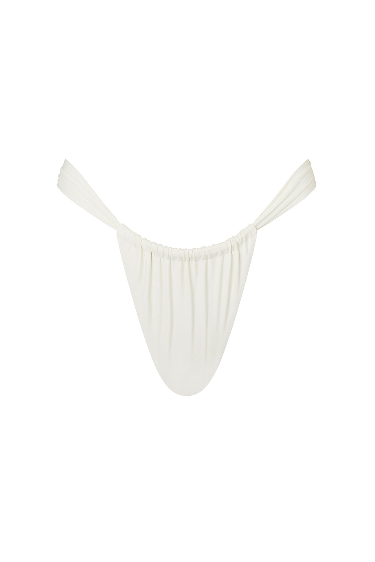Ivory bikini bottom with thin straps on a white background