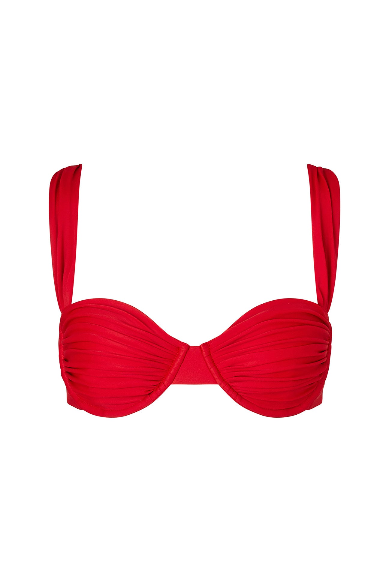 Red bikini top with thin straps on a white background