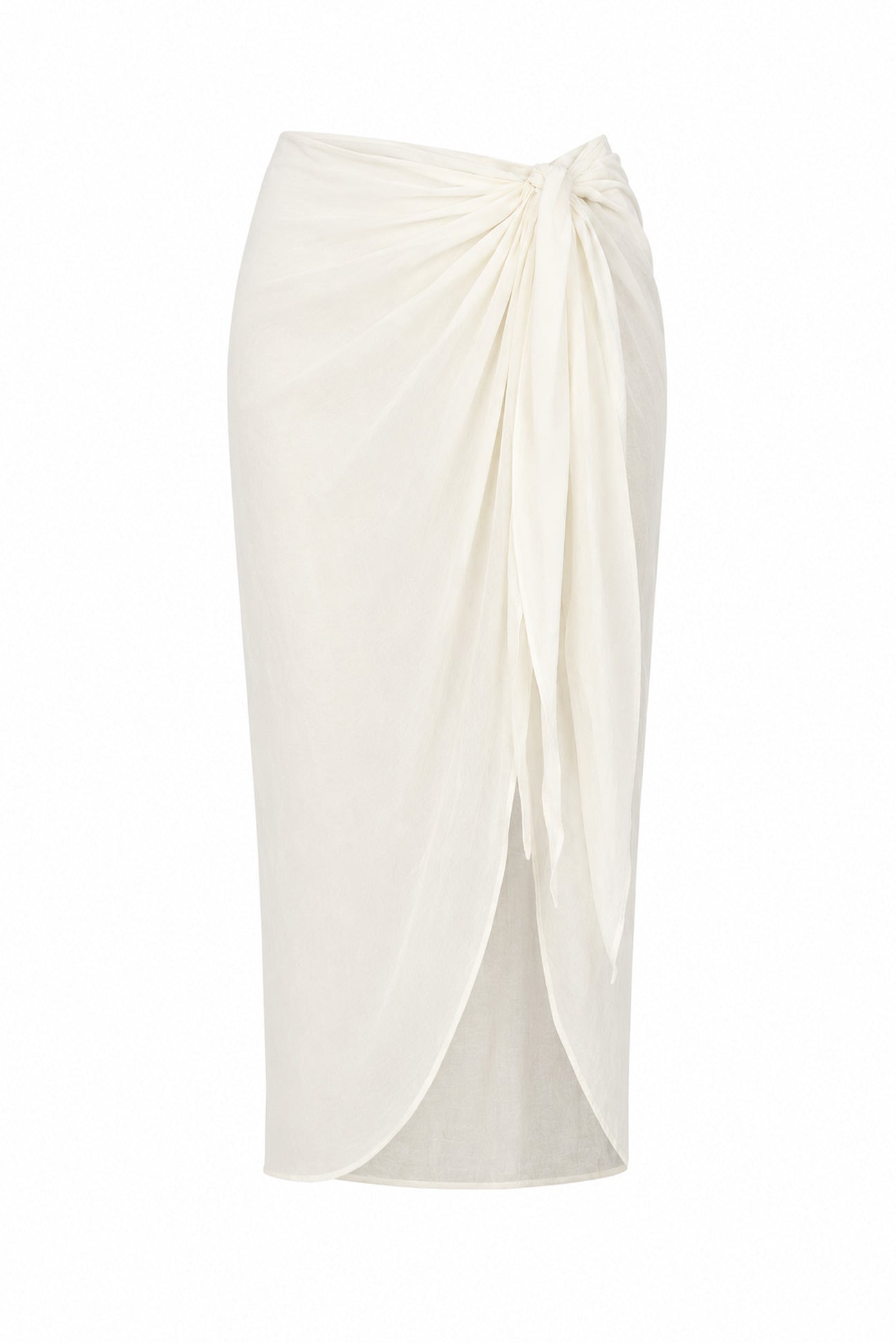 An off-white wrap midi skirt with a knotted waist and draped front detail, shown against a plain white background.