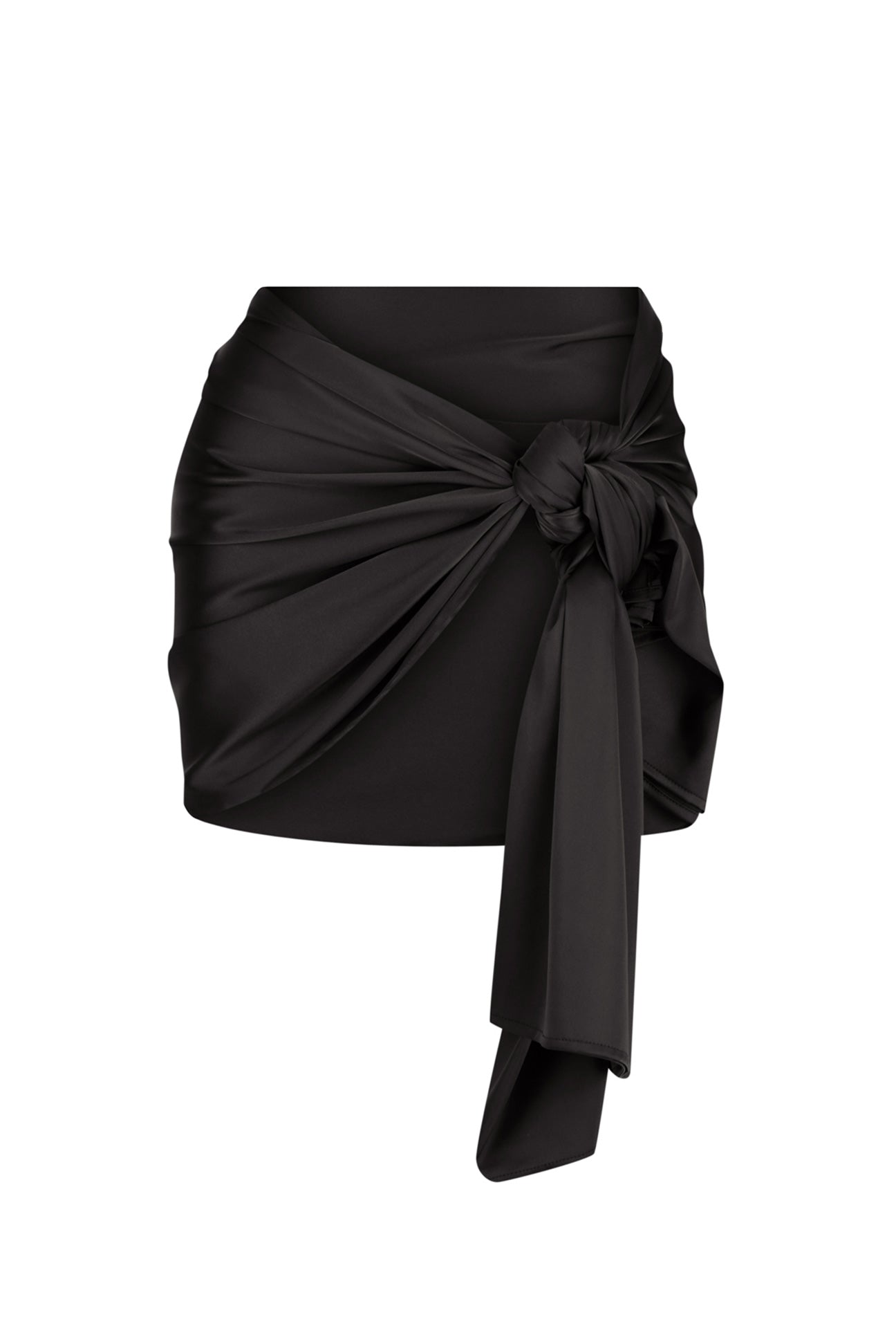 Black wrap skirt with a knot detail on a white background