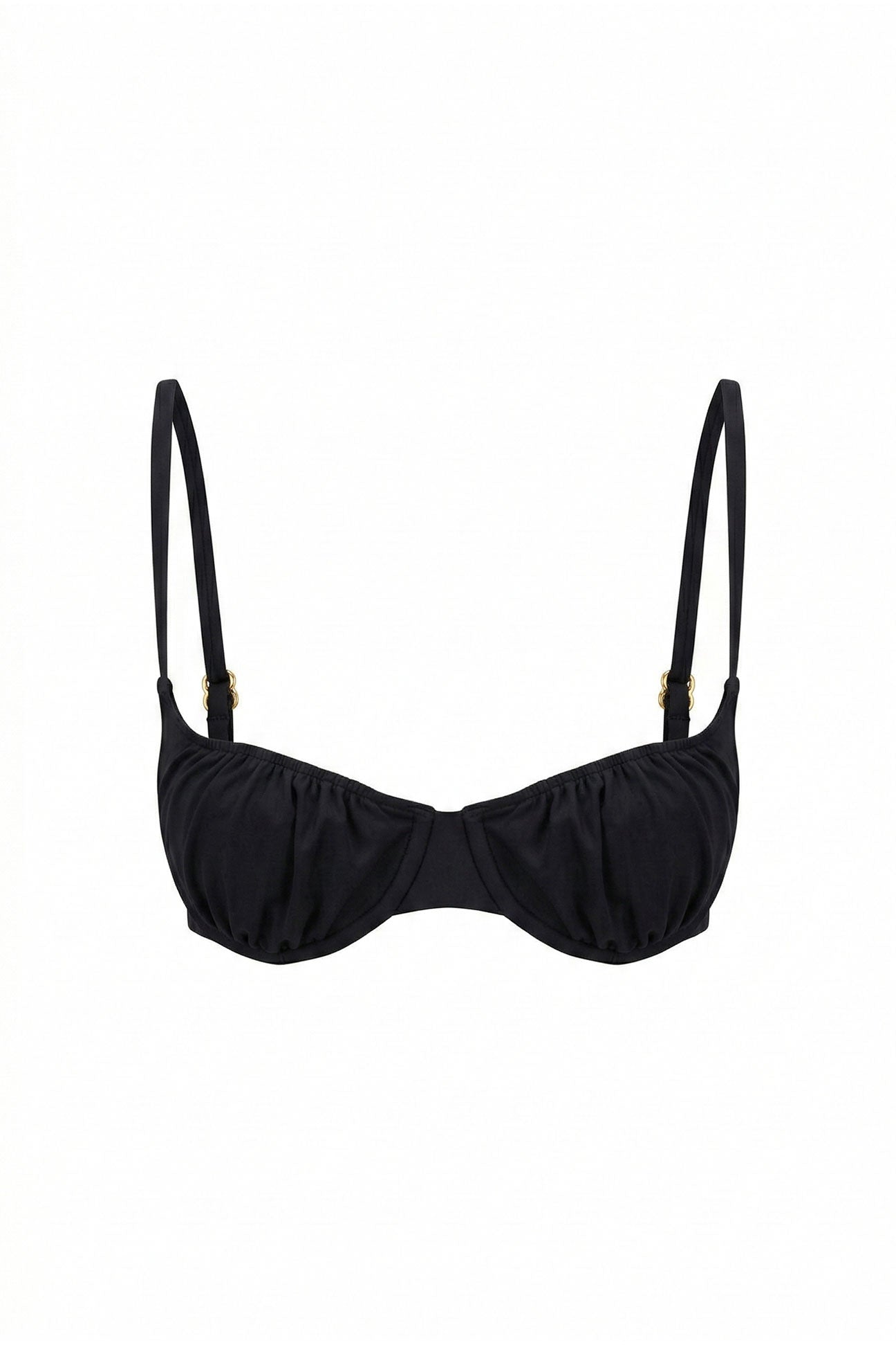 Black bikini top with thin straps on a white background