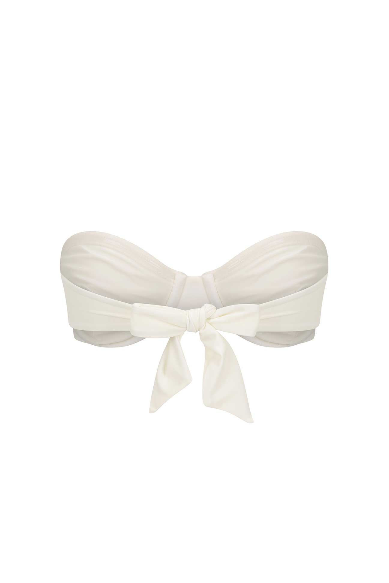 White bandeau bikini top with a bow on a white background