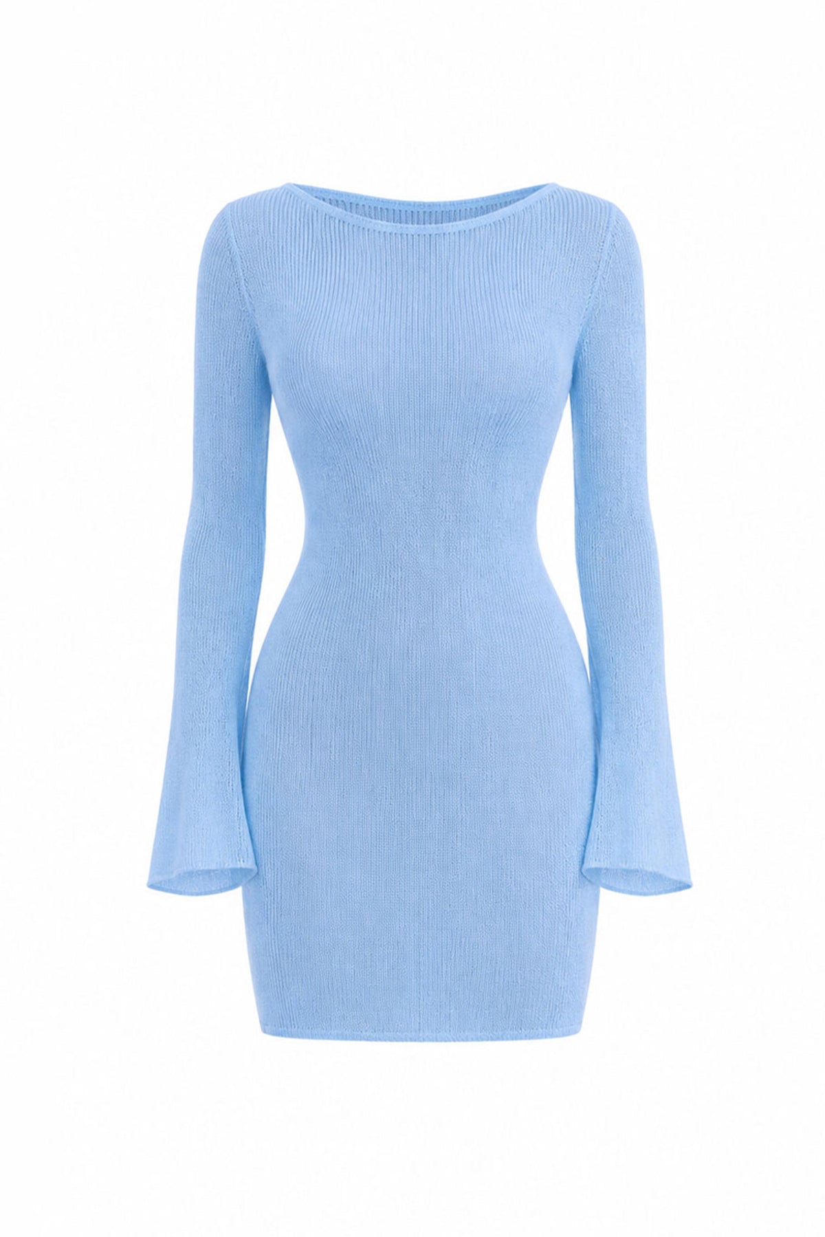 A light blue ribbed knit long-sleeve mini dress with a boat neckline, shown on a plain white background.