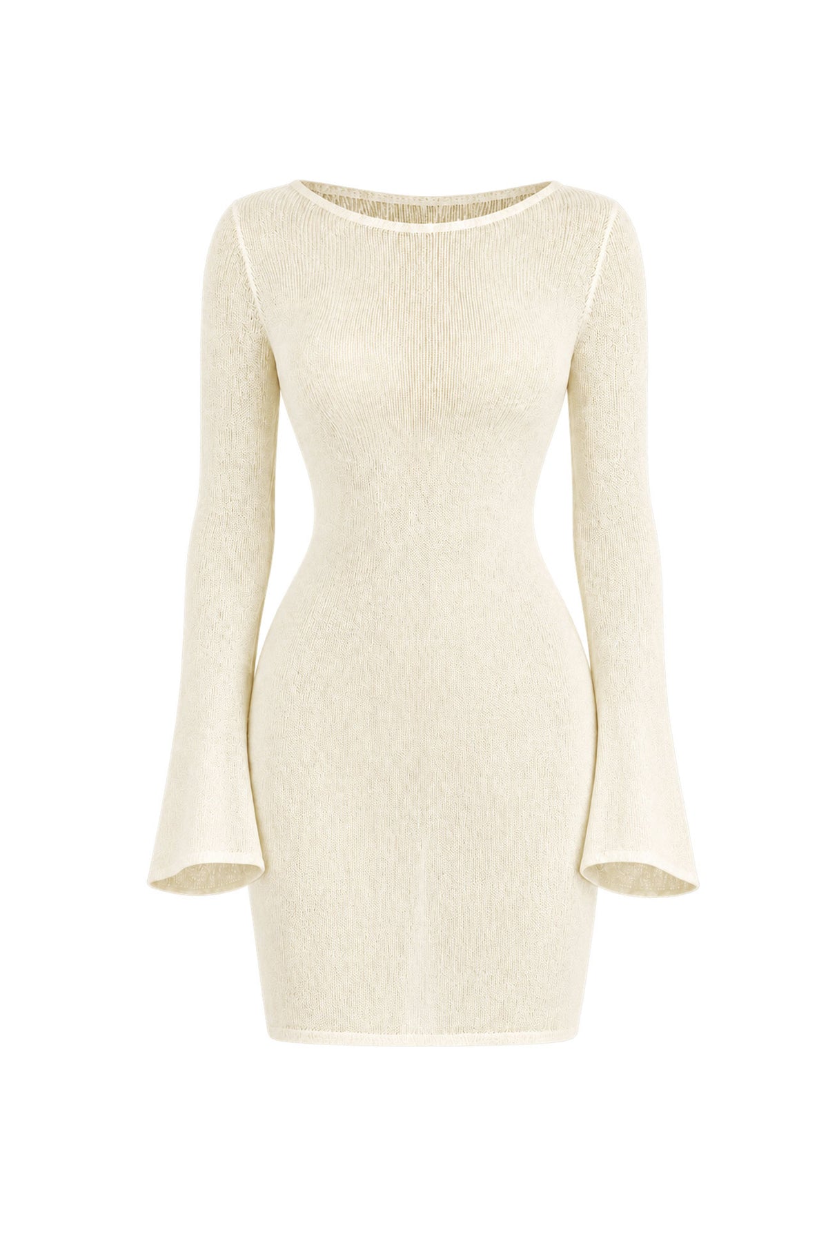 An off-white ribbed knit long-sleeve bodycon dress with a boat neckline and flared cuffs, shown against a plain white background.