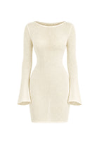 An off-white ribbed knit long-sleeve bodycon dress with a boat neckline and flared cuffs, shown against a plain white background.