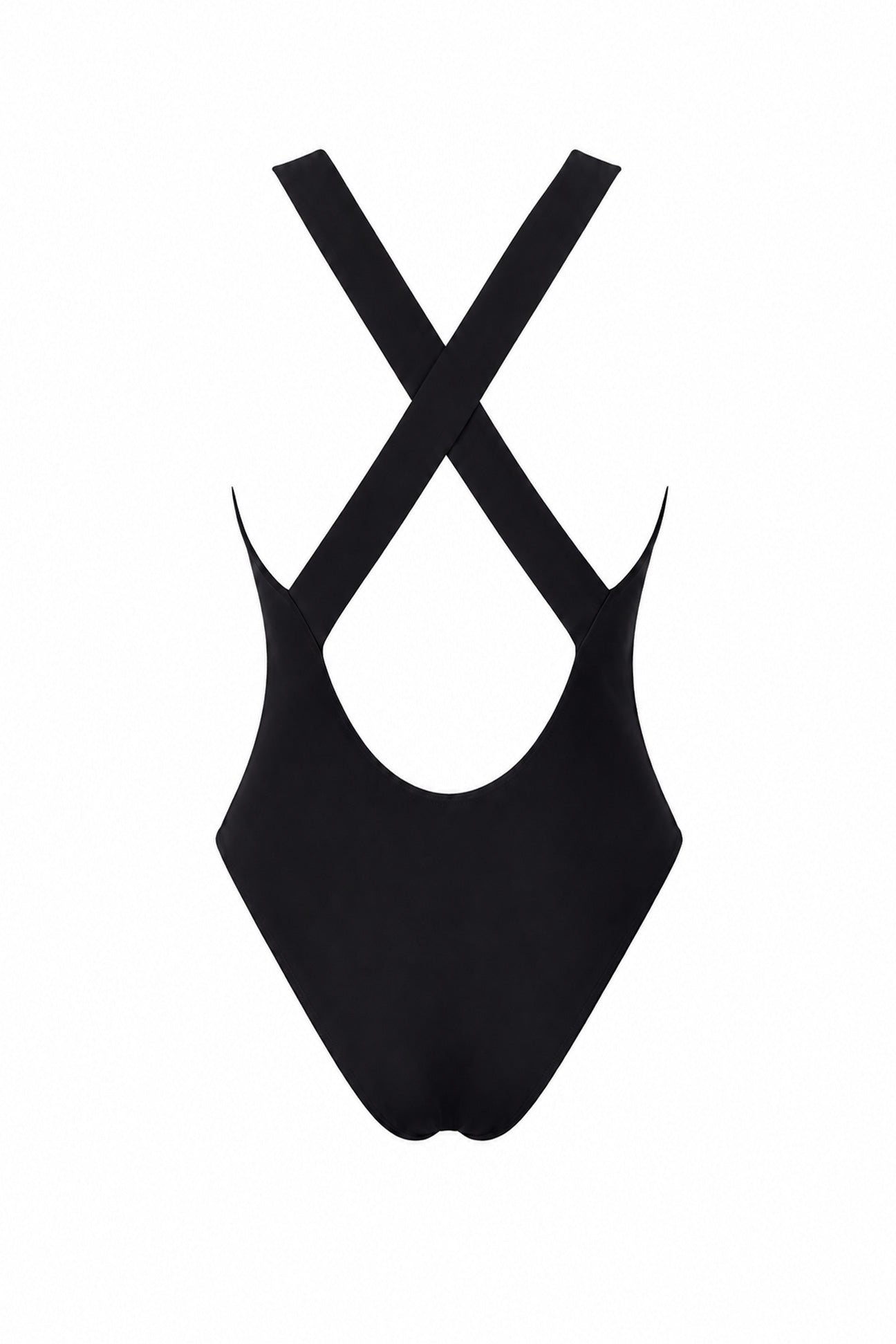 Black one-piece swimsuit with a scoop neckline and crisscross shoulder straps, shown from the back on a white background.