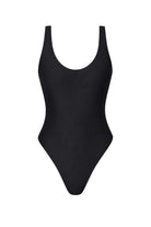 A black one-piece swimsuit with a scoop neckline and wide shoulder straps, shown flat against a solid white background.