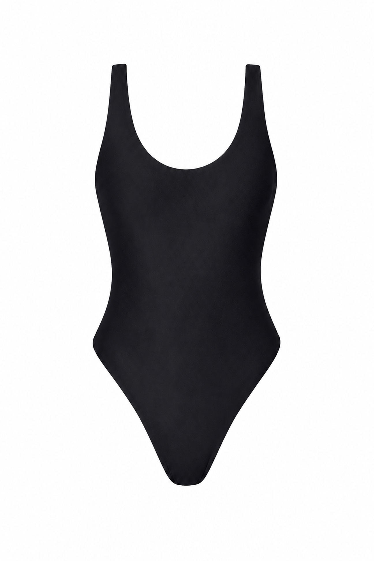 A black one-piece swimsuit with a scoop neckline and wide shoulder straps, shown flat against a solid white background.
