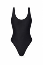 A black one-piece swimsuit with a scoop neckline and wide shoulder straps, shown flat against a solid white background.