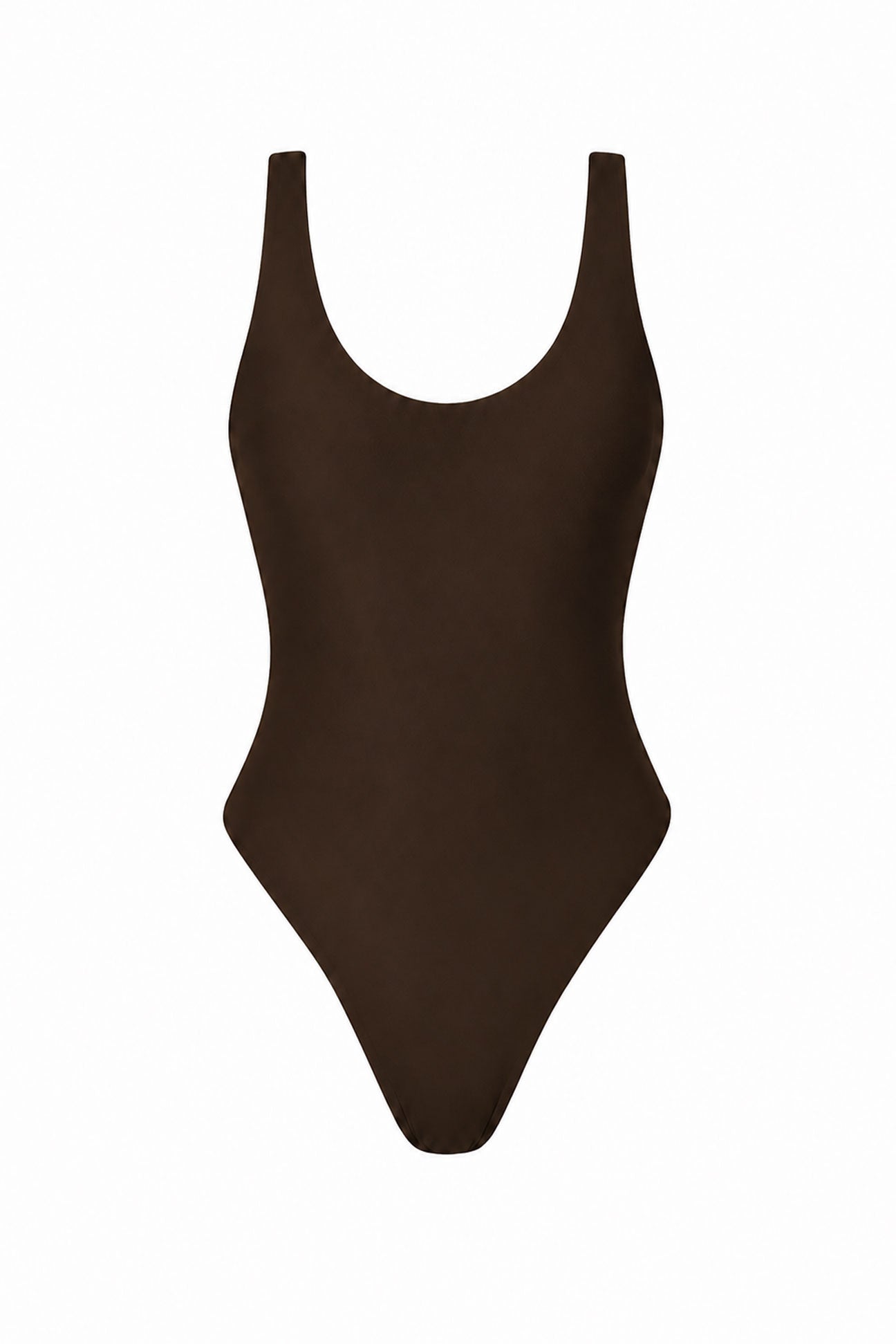 A dark brown one-piece swimsuit with a scoop neckline and wide shoulder straps, shown flat against a solid white background.
