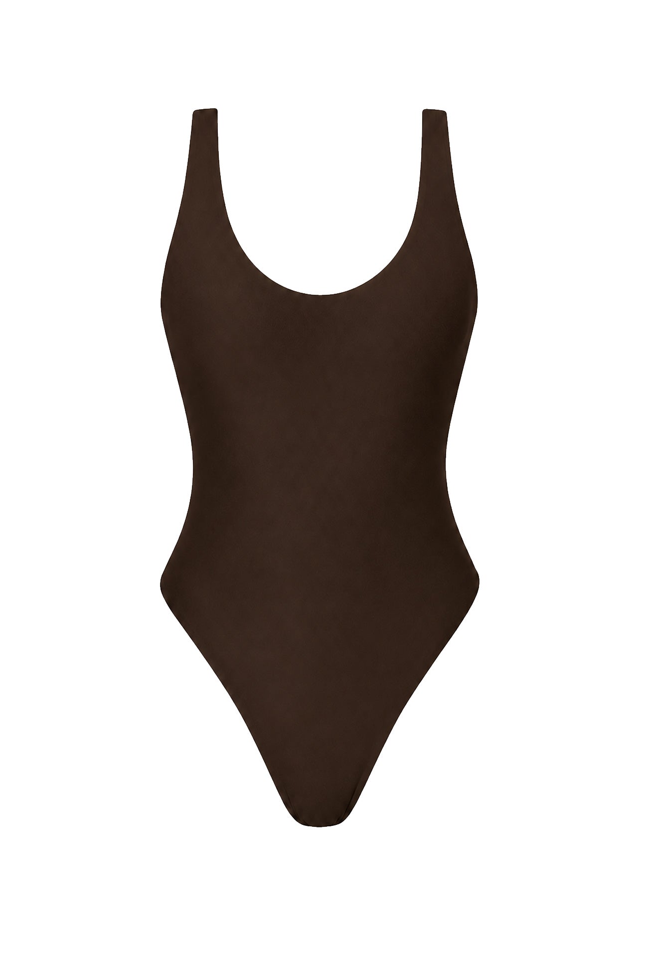 A dark brown one-piece swimsuit with a scoop neckline and wide shoulder straps, shown flat against a solid white background.