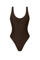 A dark brown one-piece swimsuit with a scoop neckline and wide shoulder straps, shown flat against a solid white background.